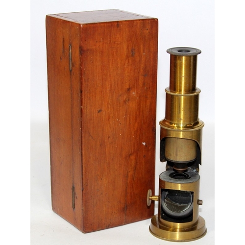 8 - Vintage brass students/field microscope in wooden case