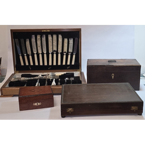 45 - Two part filled vintage cutlery canteens together with two antique wooden boxes.