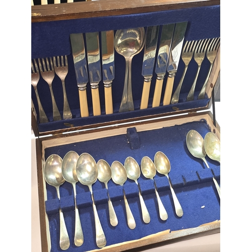 45 - Two part filled vintage cutlery canteens together with two antique wooden boxes.