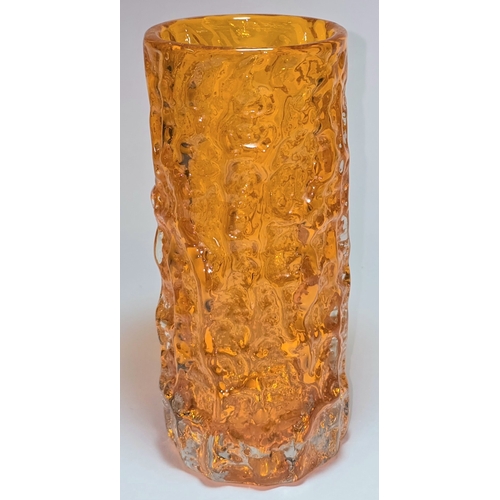9 - Geoffrey Baxter for Whitefriars vintage Tangerine cylindrical bark effect glass vase 19cm tall.