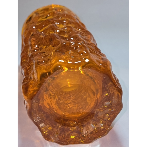 9 - Geoffrey Baxter for Whitefriars vintage Tangerine cylindrical bark effect glass vase 19cm tall.