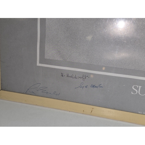 14 - A framed Supermarine Spitfire (1936-1986) No. 92 Squadron poster with associated signatures 59x43cm.