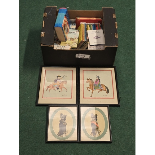 52 - Four vintage framed and glazed pictures to include Oriental together with a box of various books.
