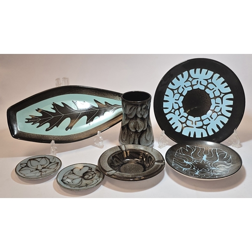 26 - Poole Pottery qty of blue and black Aegean pieces to include spear dish, vase, pin dishes etc (7).