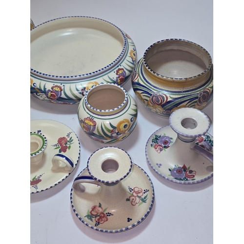 48 - Poole Pottery collection of traditional pattern shallow bowls and candle holders to include Carter S... 