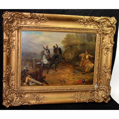 22 - Small oil on board depicting a battle scene attributed to J. Widdass via label on reverse. mounted i... 