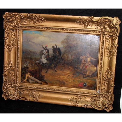 22 - Small oil on board depicting a battle scene attributed to J. Widdass via label on reverse. mounted i... 