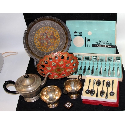 29 - A collection of metalware to include a brass plate pedestal bowl with enamel decoration, flatware an... 