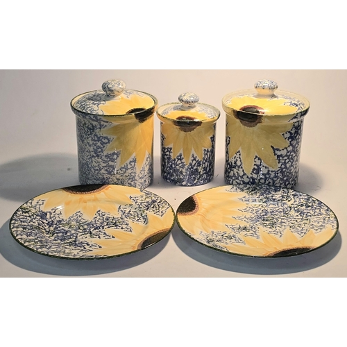 36 - Poole Pottery Vincent Sunflower collection of three lidded storage jars together with two 11