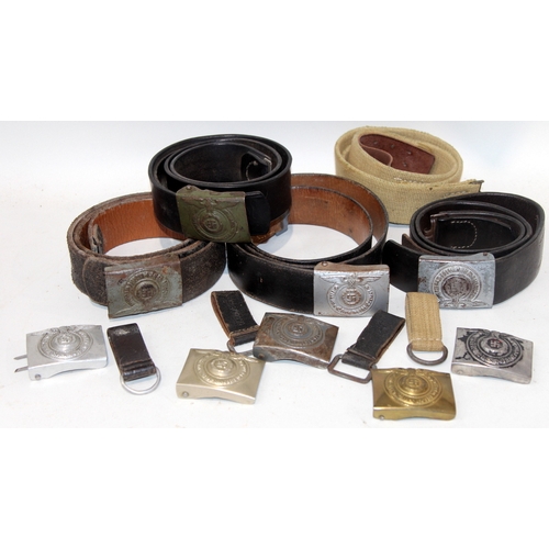 German Army WWII style re-enactment collection of belts, buckles and frogs