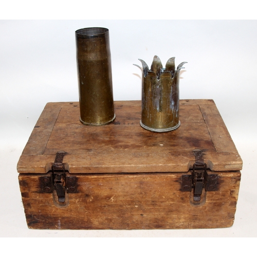 Antique tin lined wooden ammunition box c/w two shell cases