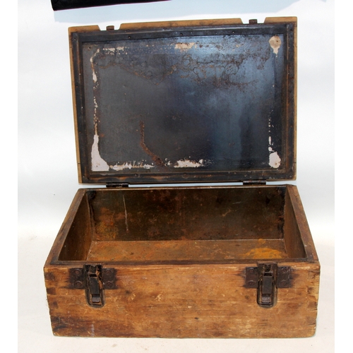 Antique tin lined wooden ammunition box c/w two shell cases