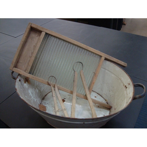 9 - WASHBOARD, TONGS & ENAMEL TUB