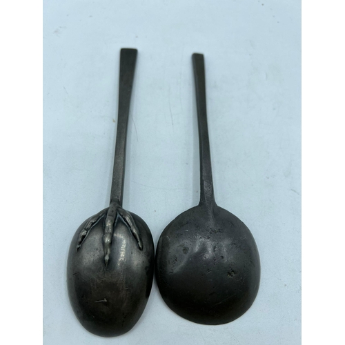 522 - PEWTER HAND FORGED SPOONS TWO PEWTER HAND FORGED SPOONS  17TH CENTURY CLAW SUPPORT