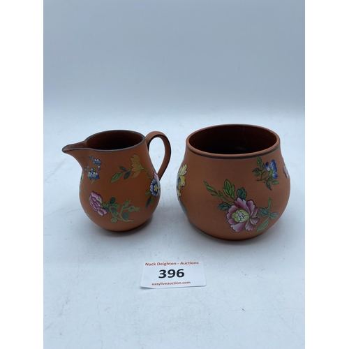 396 - WEDGEWOOD TERRACOTTA SUGAR BOWL & JUG