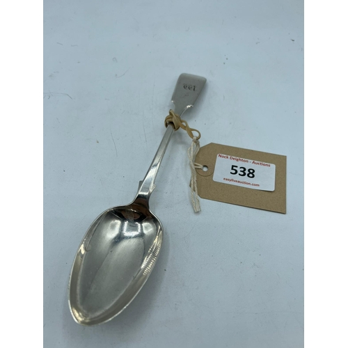 538 - VICTORIAN SOLID SILVER SPOON EXETER 1840'S. MAKER: JOHN STONE  68G