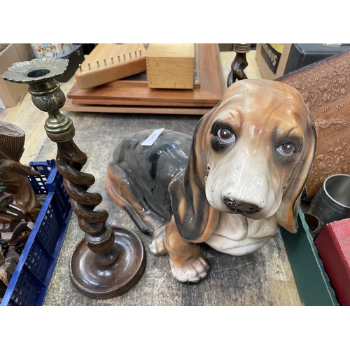 125 - PAIR OF BARLEY TWIST CANDLESTICKS & DOG