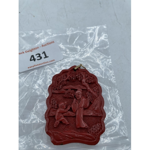 431 - CHINESE HAND CARVED PENDANT CINNABAR RED LACQUERED PENDANT 9CT GOLD LOOP