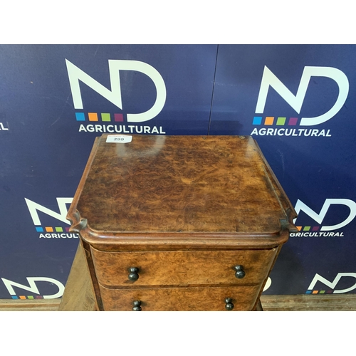 299 - BURR WALNUT MINIATURE CHEST OF DRAWERS WITH EBONY HANDLES CIRCA 18C