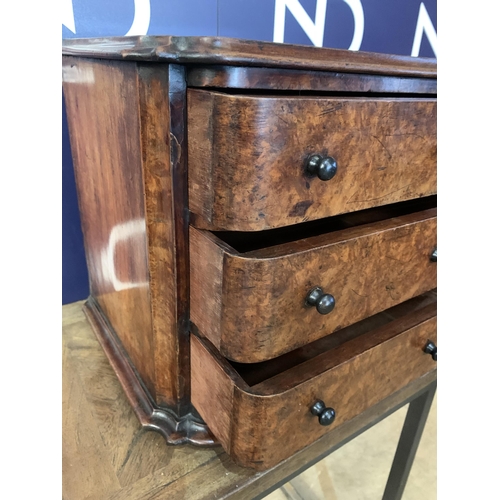 299 - BURR WALNUT MINIATURE CHEST OF DRAWERS WITH EBONY HANDLES CIRCA 18C