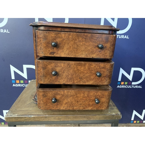 299 - BURR WALNUT MINIATURE CHEST OF DRAWERS WITH EBONY HANDLES CIRCA 18C