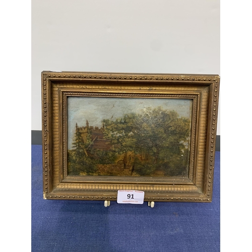 91 - OIL ON BOARD PREDICTING A CHURCH IN A GILT FRAME