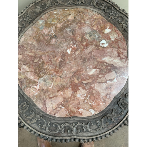 141A - CARVED WOOD MARBLE TABLE