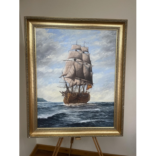 176 - OIL ON CANVAS PAINTED BETWEEN 1991-1996 THE SANTISIMA TRINIDAD SPANISH FLAG SHIP AT THE BATTLE OF TR... 