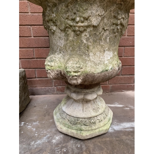 154 - COMPOSITE CARVED STONE GARDEN URN APPROX 66CM X 55CM