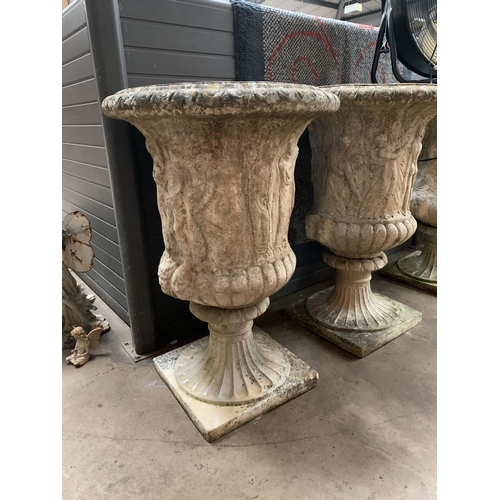 171 - 2 OF 6 WEATHERED COMPOSITE STONE LARGE GARDEN URNS 93CM HIGH  X 63CM WIDE