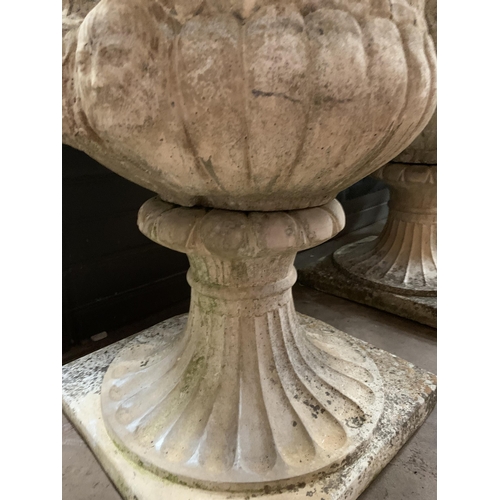 171 - 2 OF 6 WEATHERED COMPOSITE STONE LARGE GARDEN URNS 93CM HIGH  X 63CM WIDE