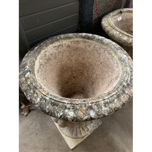 171 - 2 OF 6 WEATHERED COMPOSITE STONE LARGE GARDEN URNS 93CM HIGH  X 63CM WIDE