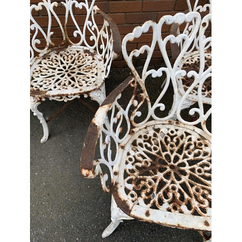 201 - WROUGHT IRON WEATHERED 2 CHAIRS & BENCH