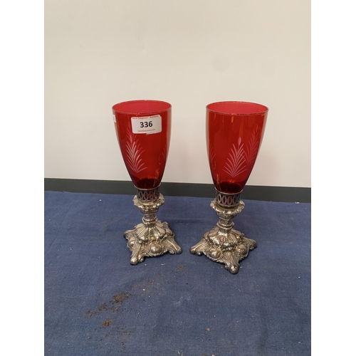 336 - PAIR OF SILVER PLATED CRANBERRY CANDLESTICKS