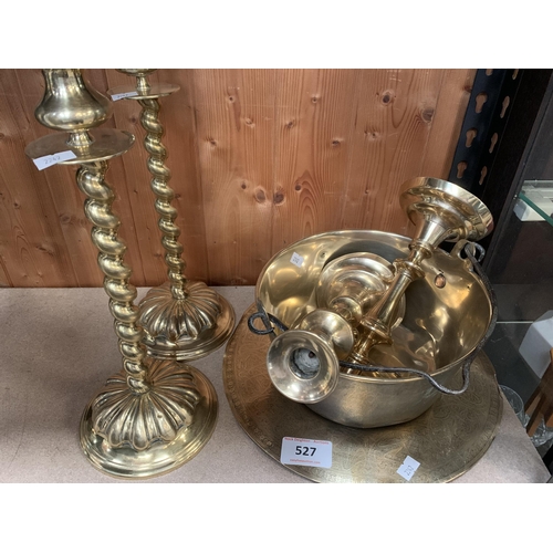 527 - BRASS CANDLESTICKS ETC