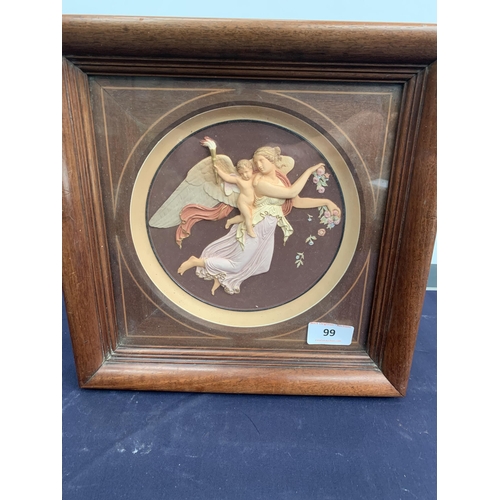 99 - UNUSUAL CHALK CHERUBS IN OAK INLAID FRAME