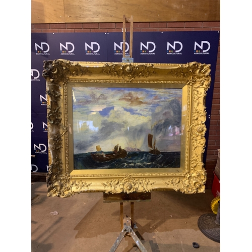 35 - VERY LARGE COUNTRY HOUSE OIL SEASCAPE BOATS AT SEA - AFTER JMW TURNER DIMENSIONS WITH FRAME 144CM X ... 