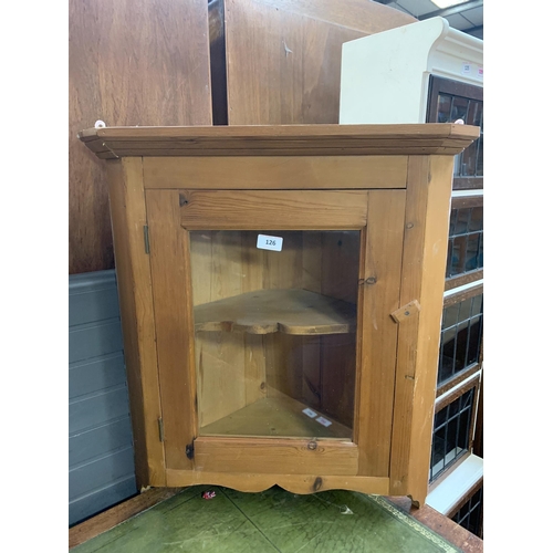 126 - PINE GLASS FRONTED CORNER CABINET