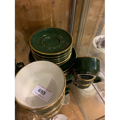 693 - GREEN & GOLD CUPS & SAUCERS