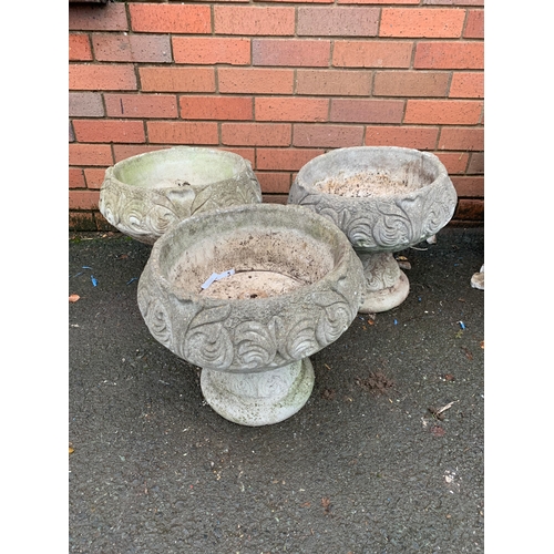 65 - 3 COMPOSITE STONE GOBLET PLANTERS APPROX 42CM X 35CM