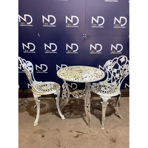 113 - CAST ALUMINIUM GARDEN TABLE & 2 CHAIRS