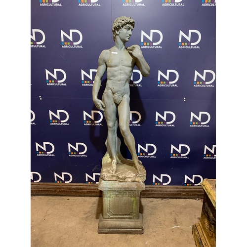 28 - DAVID LARGE COMPOSITE STONE FIGURE WITH BASE 178CM X 47CM X 39CM