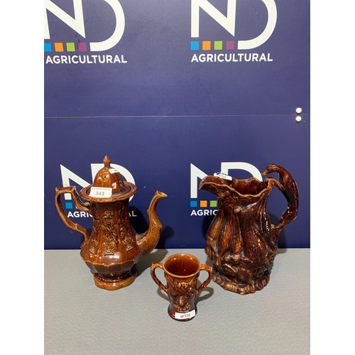 343 - GLAZED POTTERY TEAPOT & JUGS