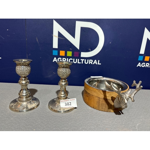 382 - SILVER PLATED CANDLESTICKS ETC