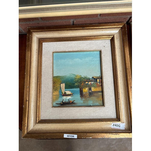 240G - PAIR OF OIL ON BOARDS IN GILT FRAME