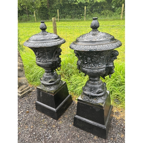 45 - PAIR OF LARGE CAST URNS ON PLINTHS