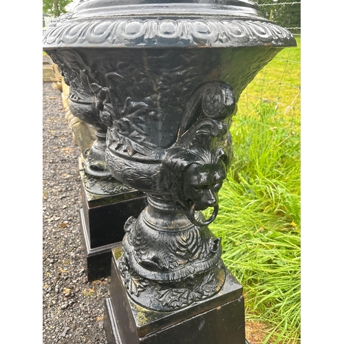 45 - PAIR OF LARGE CAST URNS ON PLINTHS