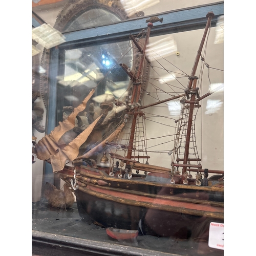 152 - EARLY DIORAMA SHIP IN GLASS CASE