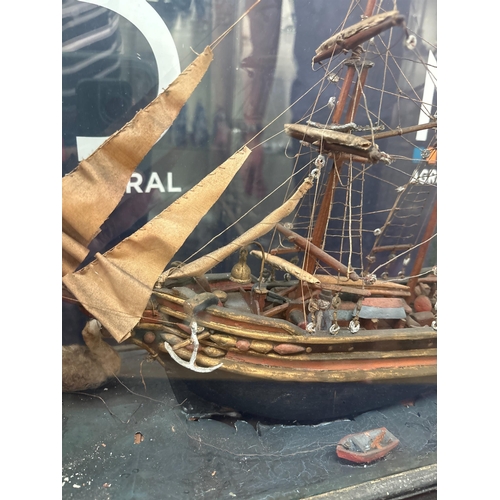 152 - EARLY DIORAMA SHIP IN GLASS CASE