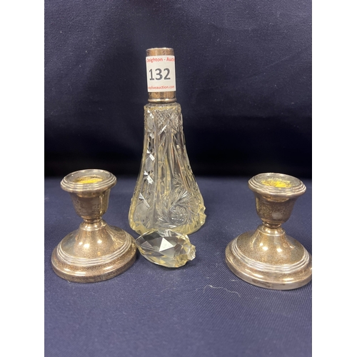 132 - 2 CANDLESTICKS & SILVER TOPPED DECANTER BIRMINGHAM SILVER